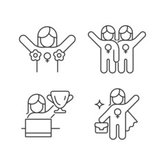 Poster - Women rights movement linear icons set. Radical feminism. Female friendship. Leadership role. Customizable thin line contour symbols. Isolated vector outline illustrations. Editable stroke