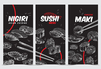 Collection of banners with sushi, nigiri and maki, sketch vector illustration.