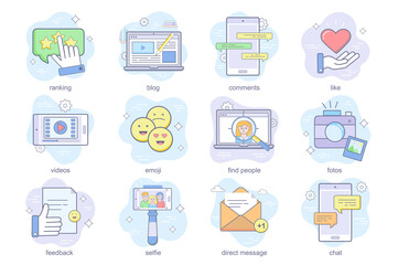 Poster - social media concept flat icons set. bundle of ranking, blog, comments, like, videos, emoji, find pe
