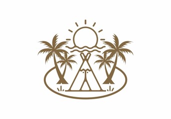 Wall Mural - brown color line art of camping text and coconut tree