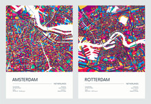 Color Detailed Road Map, Urban Street Plan City Amsterdam And Rotterdam With Colorful Neighborhoods And Districts, Travel Vector Poster