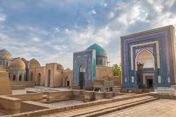 Wall Mural - Panorama of the mausoleums of the Shakhi-Zinda complex in ray. On the left is the Octahedron Mausoleum, on the right is Usto-Aga and the Nameless one. Shot in Samarkand, Uzbekistan