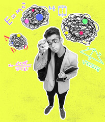 Contemporary art collage of student boy doing math sum task isolated over neon yellow background