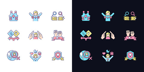 Poster - Feminist activity light and dark theme RGB color icons set. Female freedom fighter. Radical feminism. Isolated vector illustrations on white and black space. Simple filled line drawings pack