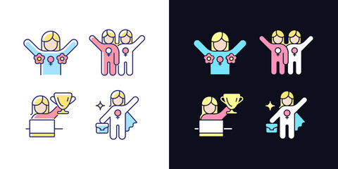 Poster - Women rights movement light and dark theme RGB color icons set. Radical feminism. Female friendship. Isolated vector illustrations on white and black space. Simple filled line drawings pack