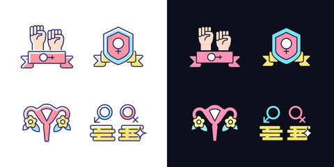 Poster - Female empowerment light and dark theme RGB color icons set. Women community. Advancing gender equality. Isolated vector illustrations on white and black space. Simple filled line drawings pack