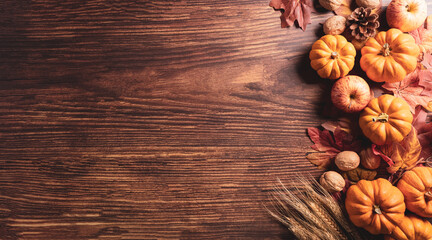 Wall Mural - autumn composition. pumpkin, cotton flowers and autumn leaves on dark wooden background. flat lay, t