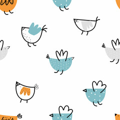 Vector hand-drawn color childrens seamless repeating pattern with cute doodle birds on a white background. Creative trendy kids forest texture for fabric, wrapping, textile, wallpaper, apparel.