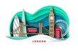 London city skyline, vector paper cut illustration. Big Ben, Tower bridge, ferris wheel, world famous landmarks. Travel.