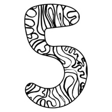 Zentangle Stylized Alphabet - Number 5. Vector Illustration Black White Hand Drawn Doodle, Ethnic Pattern