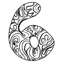 Zentangle Stylized Alphabet - Number 6. Vector Illustration Black White Hand Drawn Doodle, Ethnic Pattern