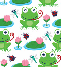 Seamless Pattern Vector Of Frog And Bugs Cartoon With Lotus Flower In The Swamp