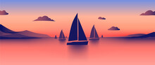 Horizontal Image With Seascape, Sailing Boats And Mountains. Vector Illustration.