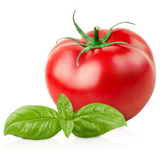 Wall Mural - one whole tomato and basil leaf on isolated white background