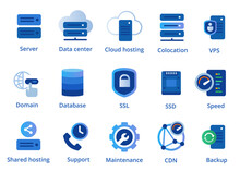 Web Hosting Service Icon Set From Colocation Server VPN Shared To CDN And SSL