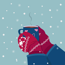 Hands Hold Cup Of Coffee In Knitted Winter Gloves. Winter Cozy Illustration Of Drinking Coffee, Cappuccino.