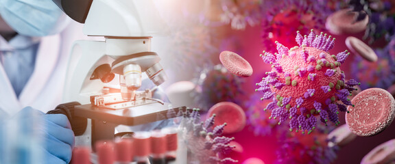 Wall Mural - doctor use microscope in a medical research lab or science laboratory, study for making vaccine to p