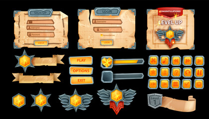 UI game vector button design set, old parchment background menu kit, interface panel sign up window. Level up winner badge, paper ribbon, mobile app elements, frame board template. UI game collection