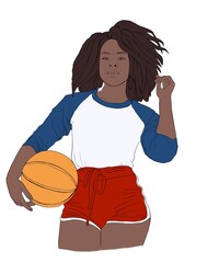 an African-American girl holds a basketball ball in her hands. a basketball player, an athlete. a woman with dreadlocks. flat illustration