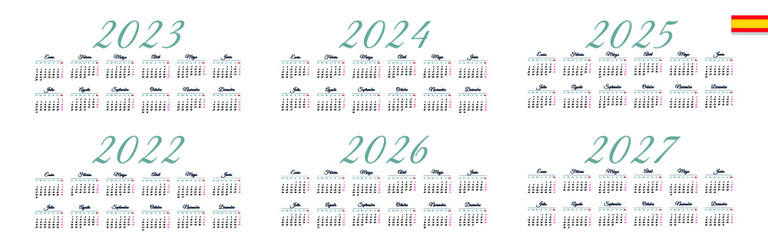 Wall Mural - Spanish calendar 2022, 2023, 2024, 2025, 2026, 2027 on white background, week starts on Monday