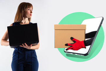 Poster - Express delivery. Delivery of goods from online store. Shopping online. Ordering products with home delivery. Girl with laptop. Hand holds out a box. Smartphone application of the online store.