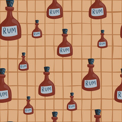 Wall Mural - Random abstract rum bottles shapes seamless pattern in simple style. Beige chequered background.