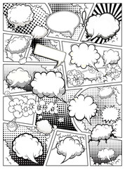 Wall Mural - Comic book black and white page template divided by lines with speech bubbles. Vector illustration.
