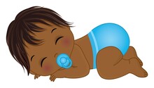 African American Baby Boy Wearing Blue Diaper Sleeping. Vector Black Baby Boy With Pacifier