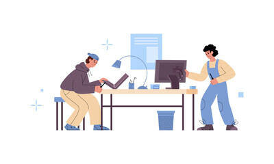 Wall Mural - Computer service repairs or masters at work, flat vector illustration isolated.