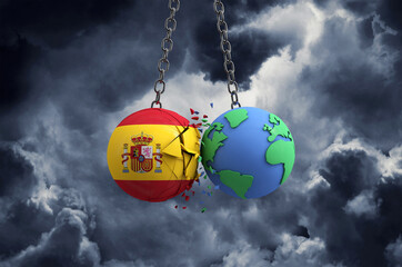 Wall Mural - Spain flag ball smashing into planet earth. Global impact and disaster concept. 3D Render