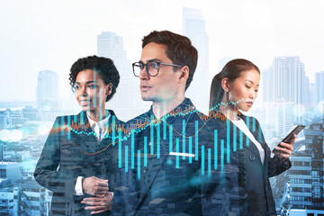 Wall Mural - Group of business colleagues in suits as a part of multinational corporate team working on forecasting trading corporate strategy at fund. Forex chart. Bangkok on background. Double exposure