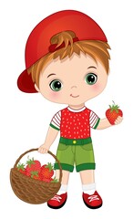 Wall Mural - Cute Little Boy Carrying Basket of Strawberries. Vector Black Baby Girl with Strawberries