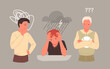 Sad depressed man with stress problem, regret despair pain vector illustration. Cartoon young lonely man sitting in rain alone, upset tired adult person with negative emotion concept background