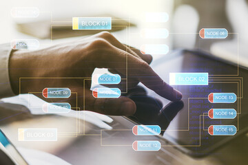 Poster - Double exposure of abstract creative programming illustration and finger clicks on a digital tablet on background, big data and blockchain concept