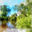 Summer watercolor landscape. Relax on a hot day on the banks of a crystal clear serene river, surrounded by trees. Summer vacation in the country by the river