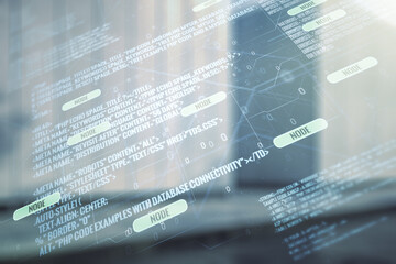 Poster - Multi exposure of abstract programming language hologram on contemporary business center exterior background, artificial intelligence and machine learning concept