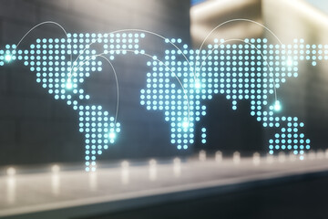 Leinwandbilder - Abstract virtual world map with connections on blurry modern office building background, international trading concept. Multiexposure