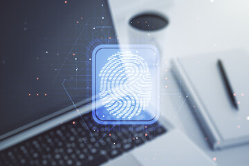 Poster - Multi exposure of abstract graphic fingerprint sketch on modern computer background, fingerprint scan data concept