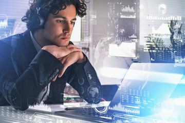 Poster - businessman wearing formal suit is having video conference call
