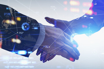 Poster - businessman shakes hands with businesswoman wearing formal suit