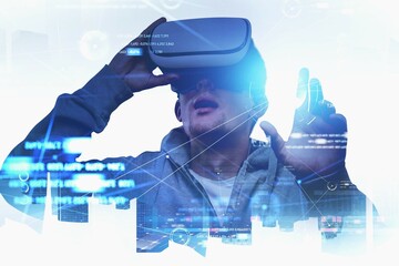 Poster - Businessman in grey sweater wearing vr helmet and holding it