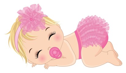 Wall Mural - Cute Baby Girl Wearing Pink Ruffled Diaper Sleeping. Vector Baby Girl with Pacifier 