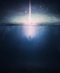 Surreal scene with a person falling underwater, like a comet from the night sky crashing into the ocean waters. Fantasy and mystical concept, magical adventure.