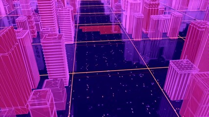 Poster - Beautiful futuristic city in cyberspace. Motion. 3D city with glowing roads in virtual world. Virtual city layout for video games