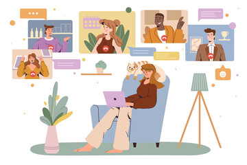 Wall Mural - Flat happy woman in chair with laptop conduct video conference meeting with colleagues. Employee communication via internet. Girl talking with friends online. Remote work from home jobs concept.