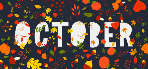 Sticker - October lettering text sale vector banner with colorful autumn leaves