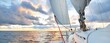 © Aastels - Yacht sailing in an open sea at sunset. Close-up view of the deck, mast and sails. Clear sky after the rain, dramatic glowing clouds, golden sunlight, waves and water splashes, cyclone. Epic seascape