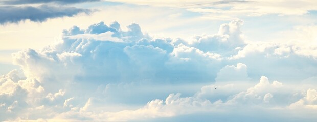 Wall Mural - Ornamental clouds. Dramatic sky. Epic storm cloudscape. Soft sunlight. Panoramic image, texture, background, graphic resources, design, copy space. Meteorology, heaven, hope, peace concept