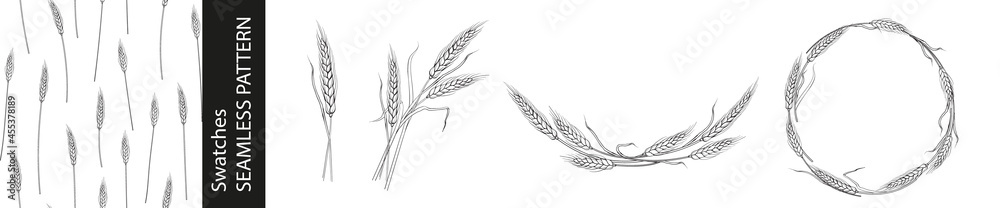 Set of different branches of wheat, seamless pattern and circle frames ...