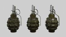 Three Green Colored Hand Grenades Isolated On The Gray Background